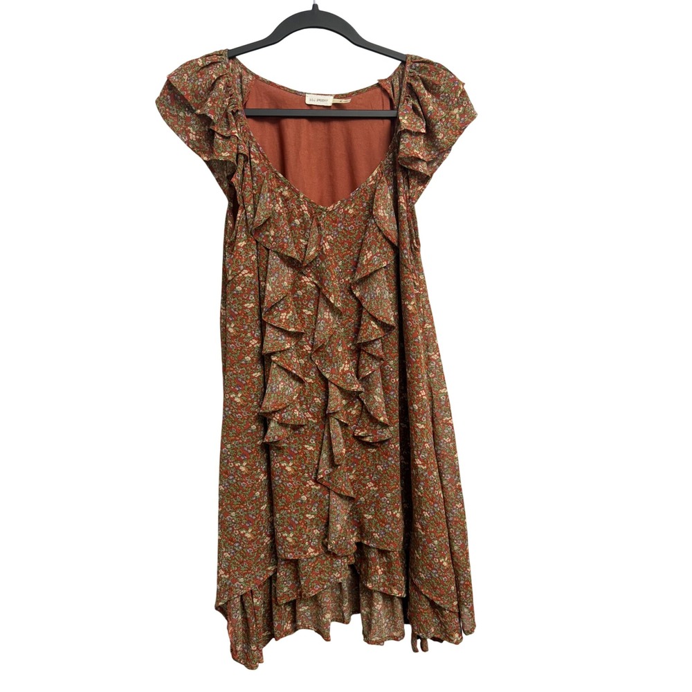 Blu Pepper Floral Ruffle Mini Dress Rust Orange Boho V-Neck B3355 Womens Medium